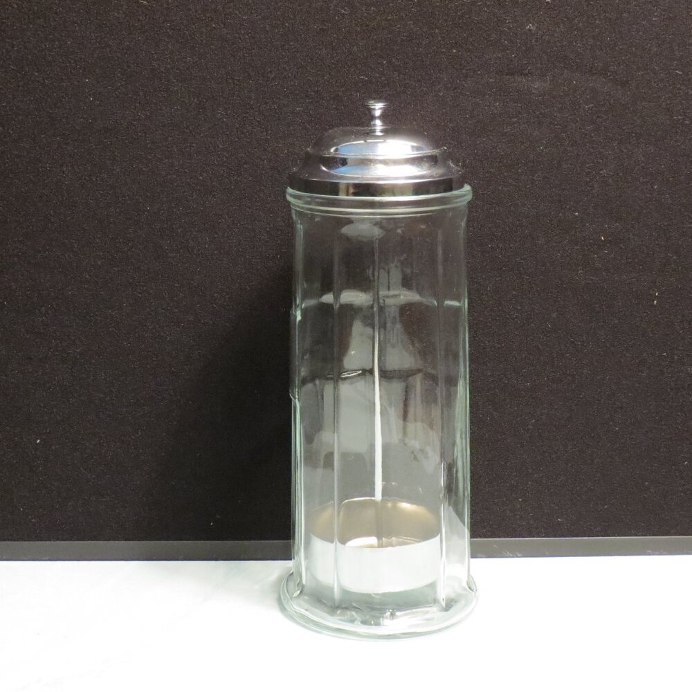 Vintage GEMCO STRAW HOLDER Container Glass Jar Paneled Metal Lid